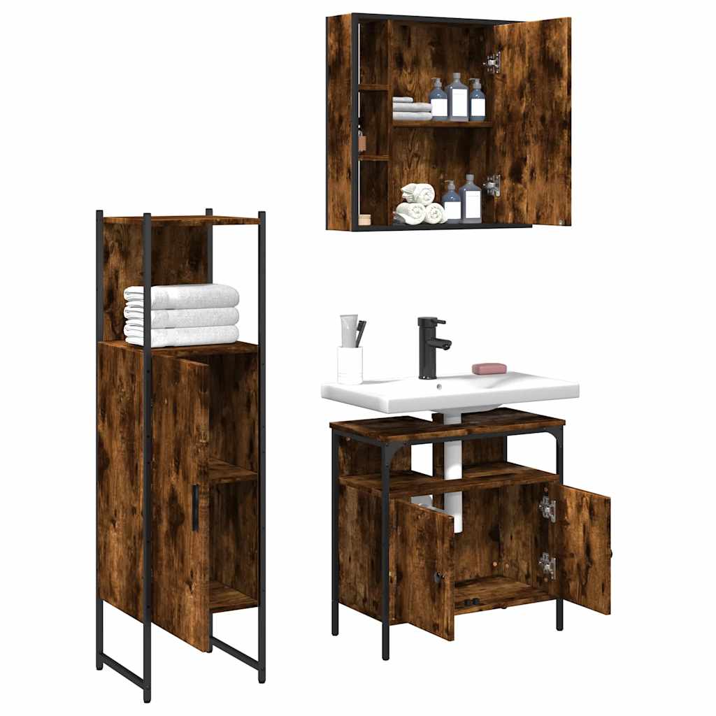 Set Mobili da Bagno 3 pz Rovere Fumo in Legno Multistrato