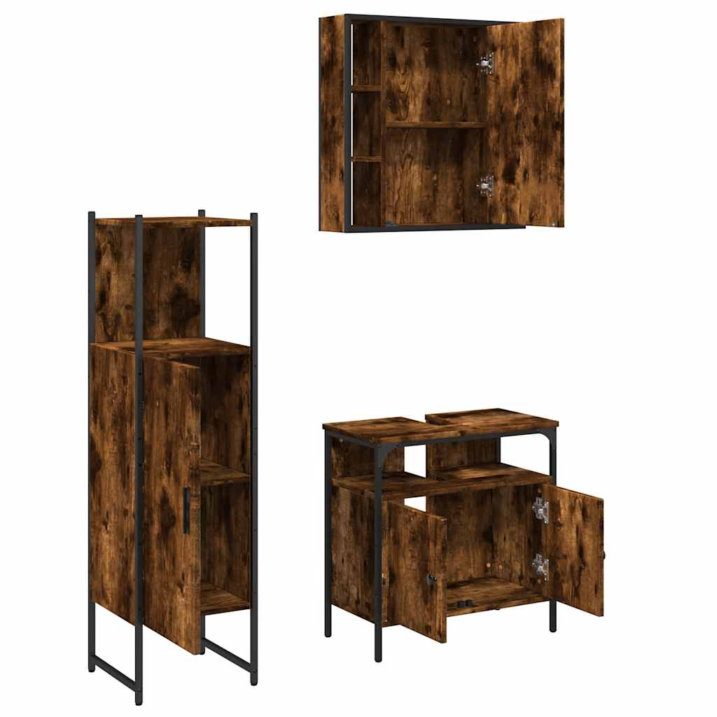 Set Mobili da Bagno 3 pz Rovere Fumo in Legno Multistrato | homemem39