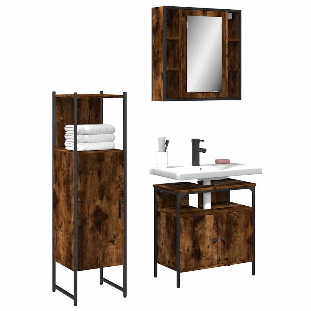 Set Mobili da Bagno 3 pz Rovere Fumo in Legno Multistrato | homemem39