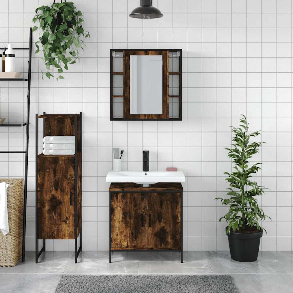 Set Mobili da Bagno 3 pz Rovere Fumo in Legno Multistrato