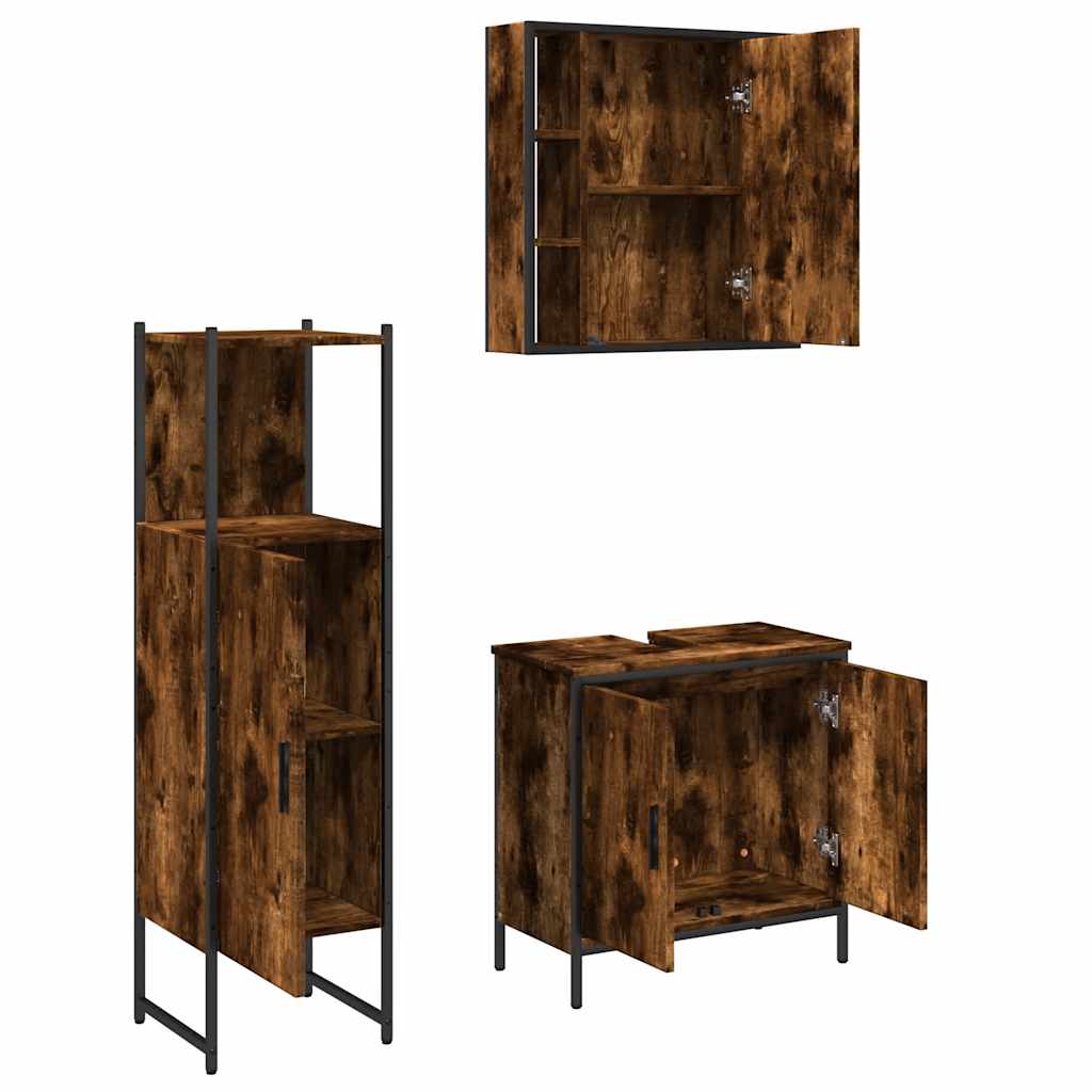 Set Mobili da Bagno 3 pz Rovere Fumo in Legno Multistrato | homemem39