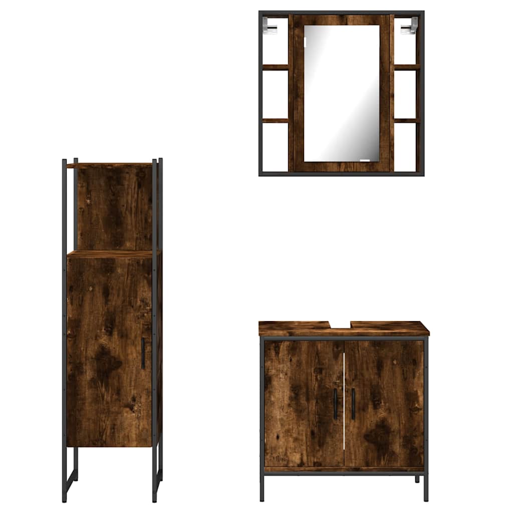 Set Mobili da Bagno 3 pz Rovere Fumo in Legno Multistrato