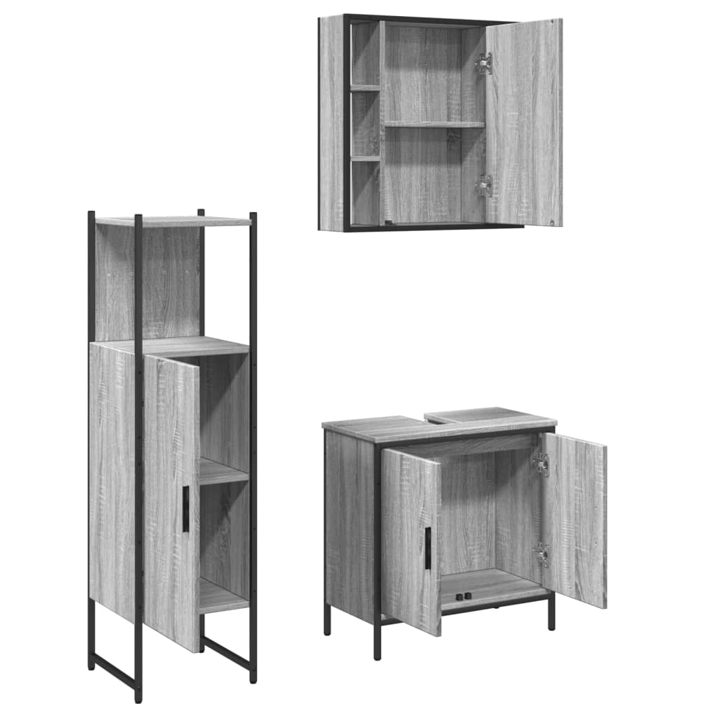 Set Mobili da Bagno 3 pz Grigio Sonoma in Legno Multistrato | homemem39