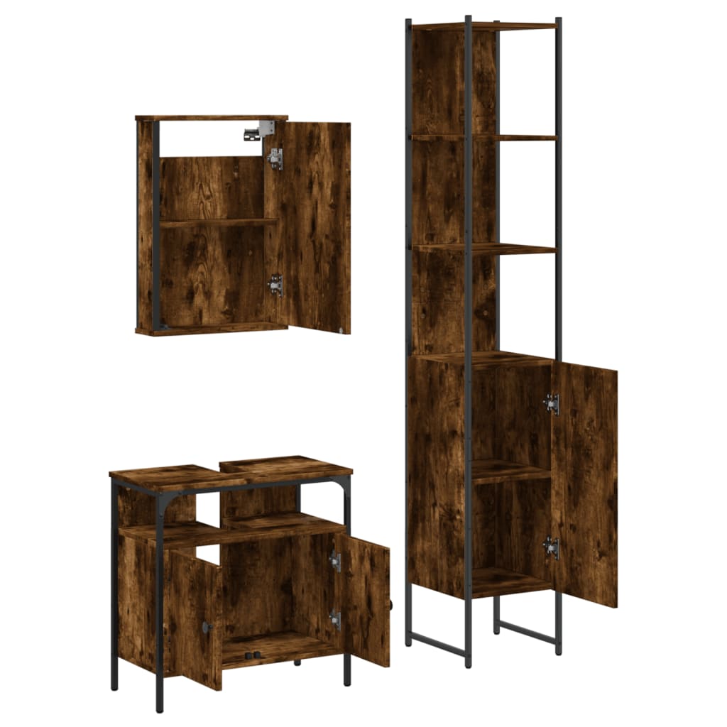 Set Mobili da Bagno 3 pz Rovere Fumo in Legno Multistrato | homemem39