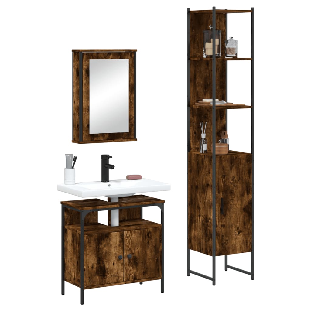Set Mobili da Bagno 3 pz Rovere Fumo in Legno Multistrato | homemem39