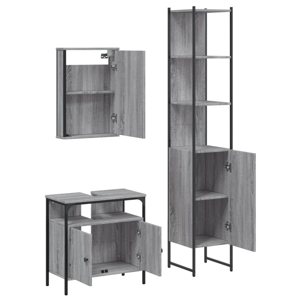 Set Mobili da Bagno 3 pz Grigio Sonoma in Legno Multistrato | homemem39