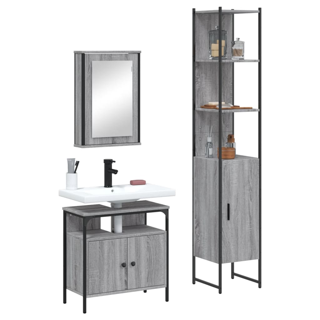Set Mobili da Bagno 3 pz Grigio Sonoma in Legno Multistrato | homemem39