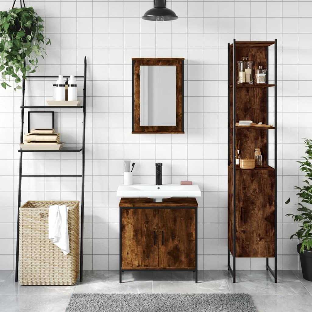 Set Mobili da Bagno 3 pz Rovere Fumo in Legno Multistrato