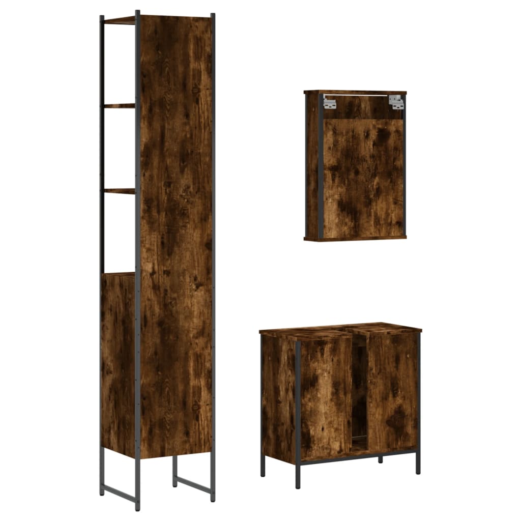 Set Mobili da Bagno 3 pz Rovere Fumo in Legno Multistrato