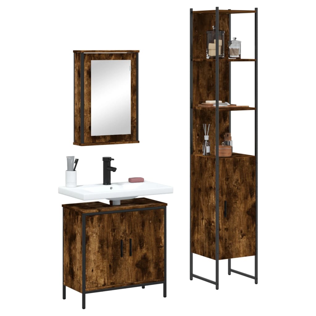 Set Mobili da Bagno 3 pz Rovere Fumo in Legno Multistrato | homemem39