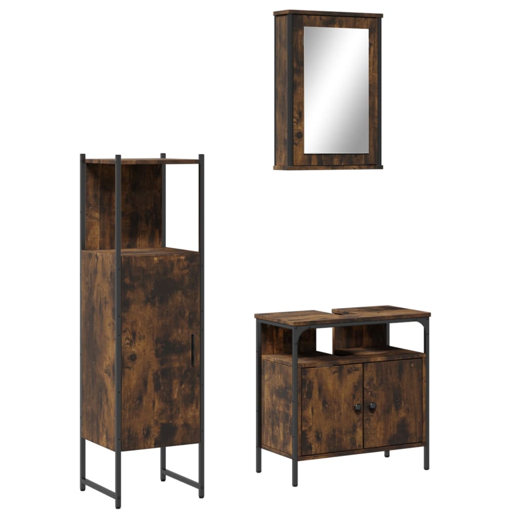 Set Mobili da Bagno 3 pz Rovere Fumo in Legno Multistrato | homemem39