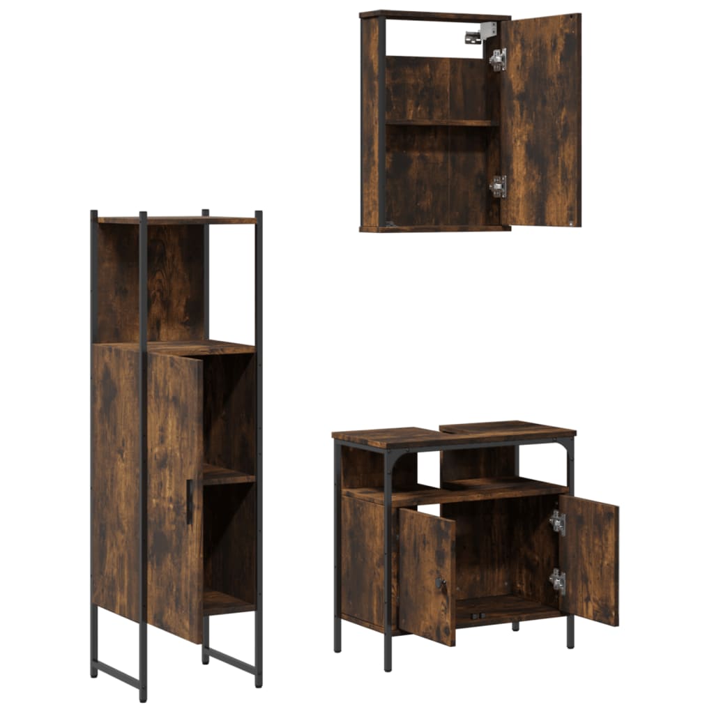 Set Mobili da Bagno 3 pz Rovere Fumo in Legno Multistrato | homemem39