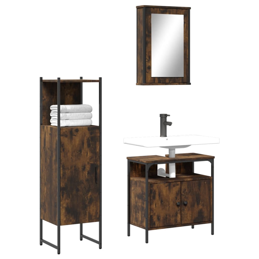 Set Mobili da Bagno 3 pz Rovere Fumo in Legno Multistrato | homemem39