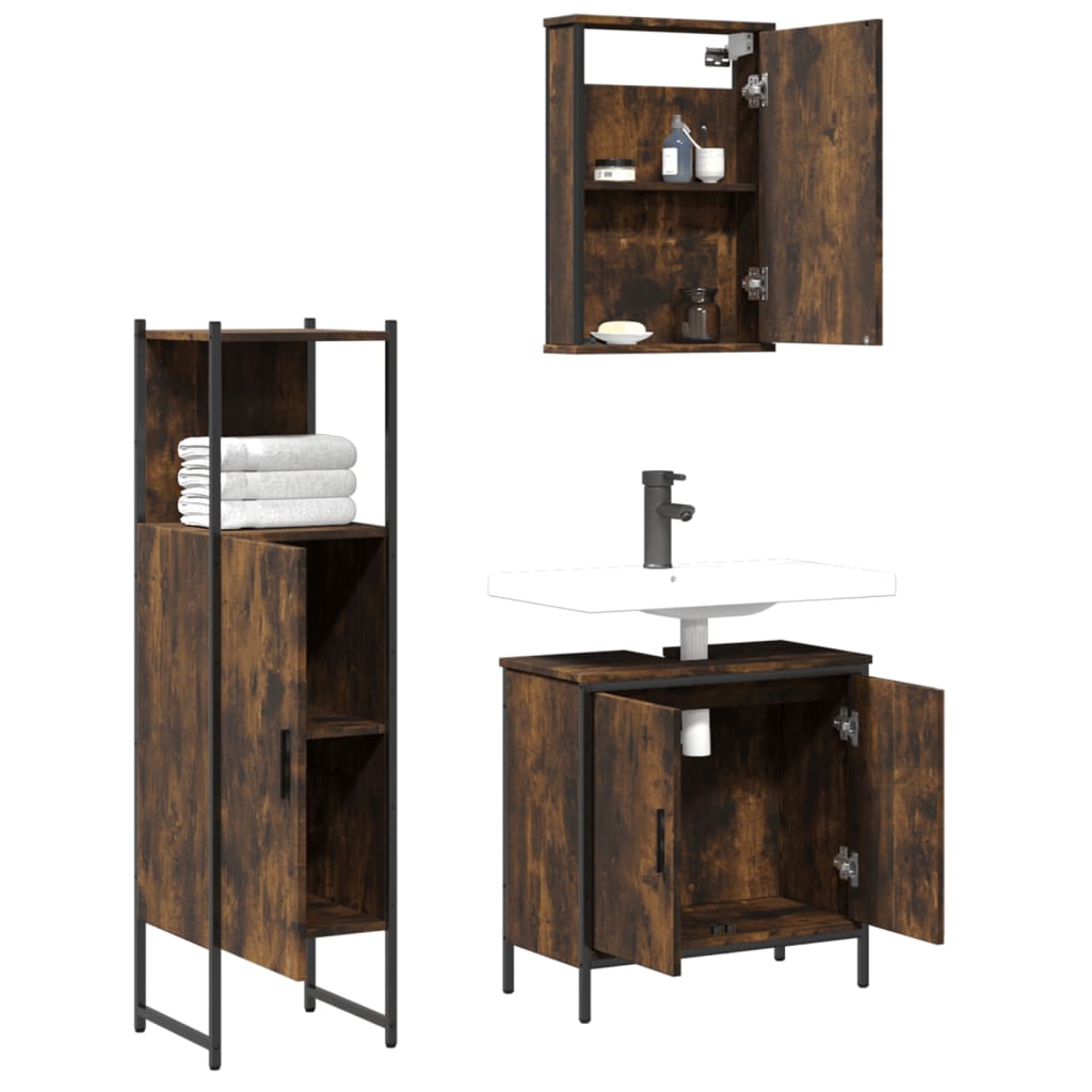 Set Mobili da Bagno 3 pz Rovere Fumo in Legno Multistrato