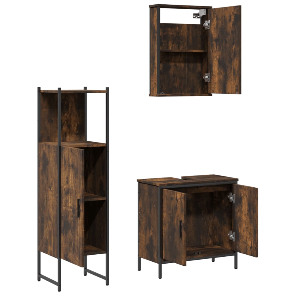 Set Mobili da Bagno 3 pz Rovere Fumo in Legno Multistrato