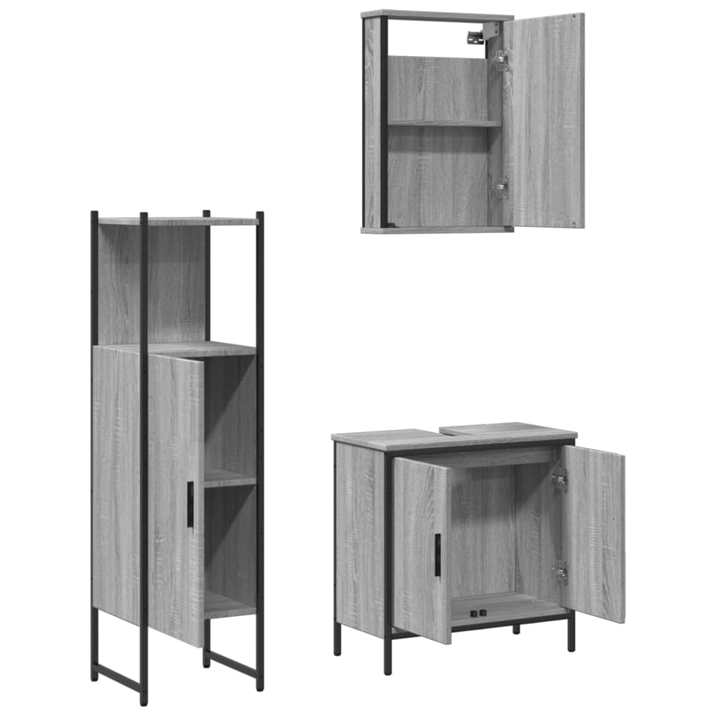 Set Mobili da Bagno 3 pz Grigio Sonoma in Legno Multistrato | homemem39