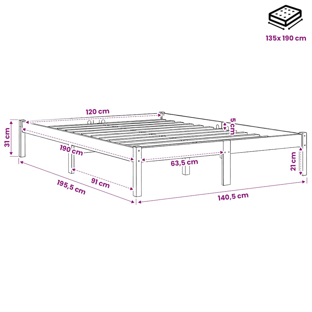 Letto senza Materasso Marrone Cera 135x190 cm in Legno di Pino