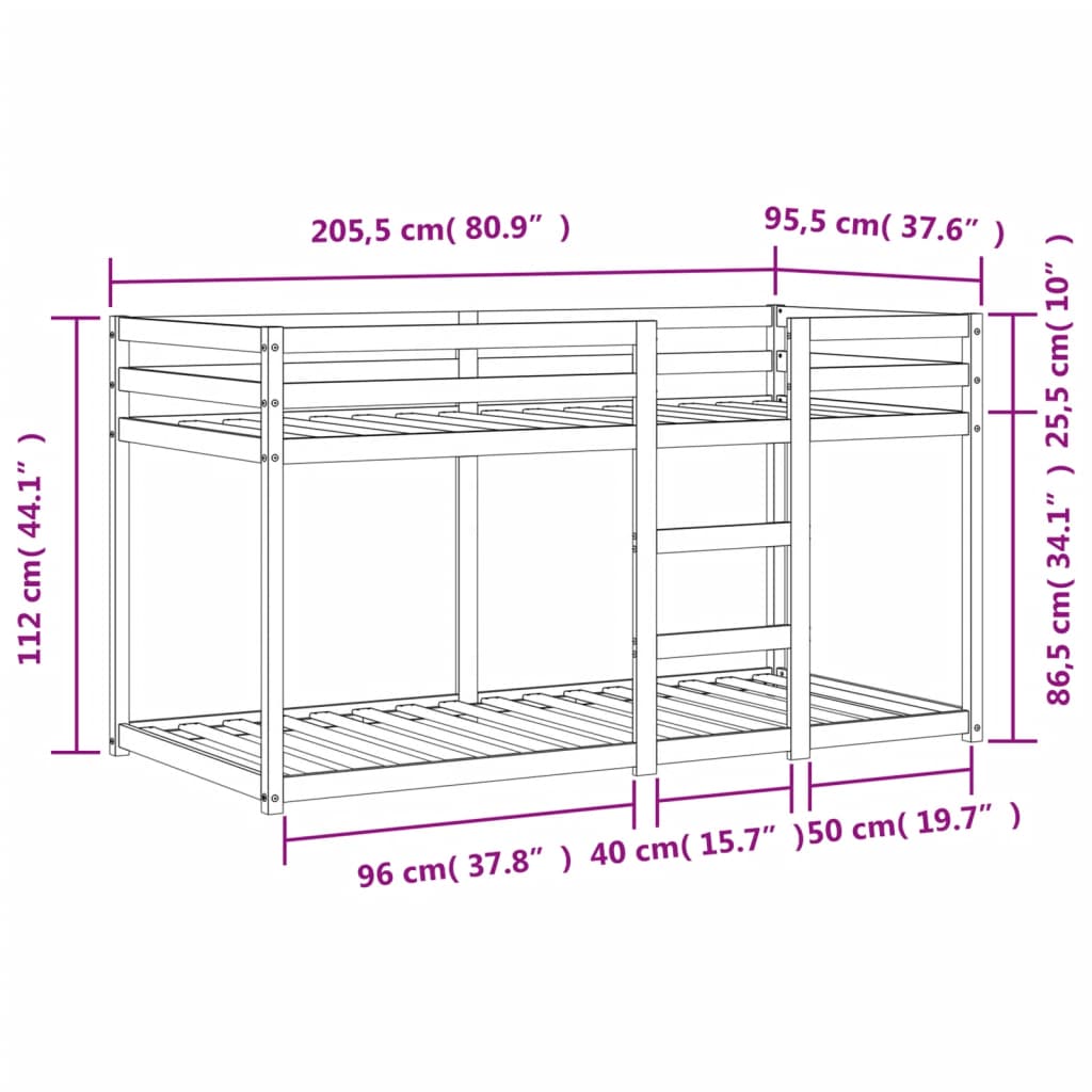 Letto a Castello Marrone Cera 90x200 cm in Legno di Pino