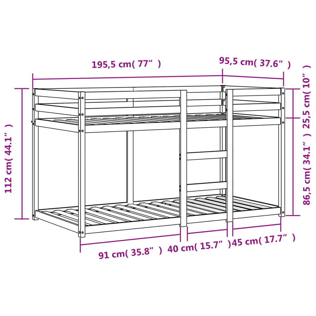 Letto a Castello Marrone Cera 90x190 cm in Legno di Pino