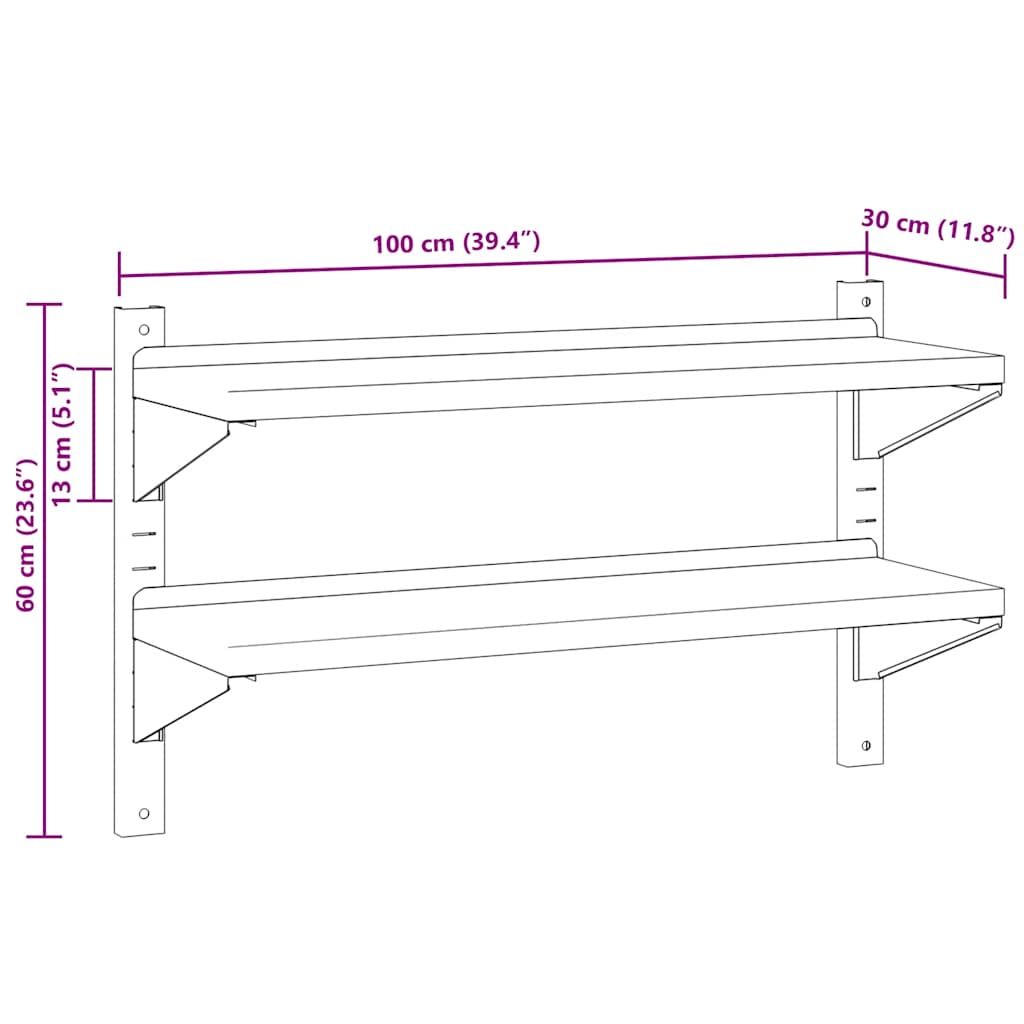 Mensola Muro 2 Ripiani 100x30x60cm Argento Acciaio Inossidabile | homemem39