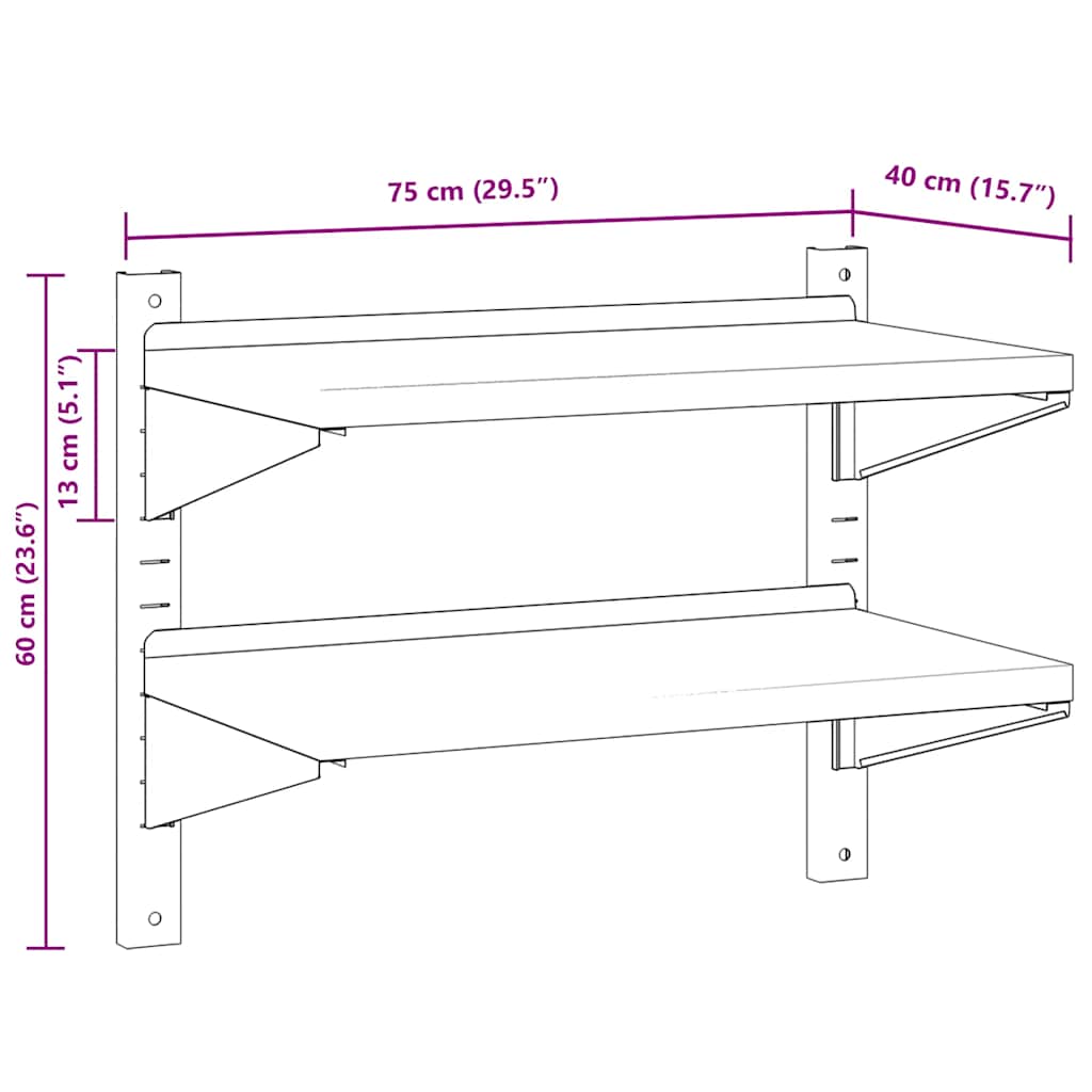 Mensola Muro 2 Ripiani 75x40x60cm Argento Acciaio Inossidabile | homemem39