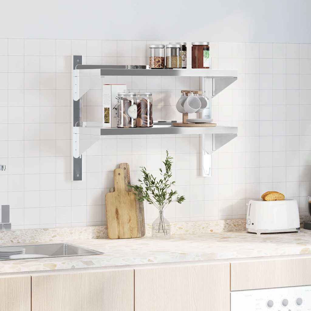 Mensola Muro 2 Ripiani 75x30x60cm Argento Acciaio Inossidabile | homemem39