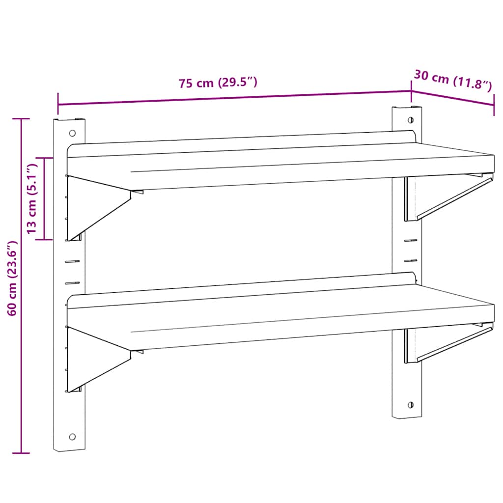 Mensola Muro 2 Ripiani 75x30x60cm Argento Acciaio Inossidabile | homemem39
