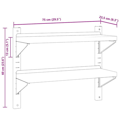 Mensola a Muro 2 Ripiani 75x23,5x60cm Argento in Acciaio Inox | homemem39