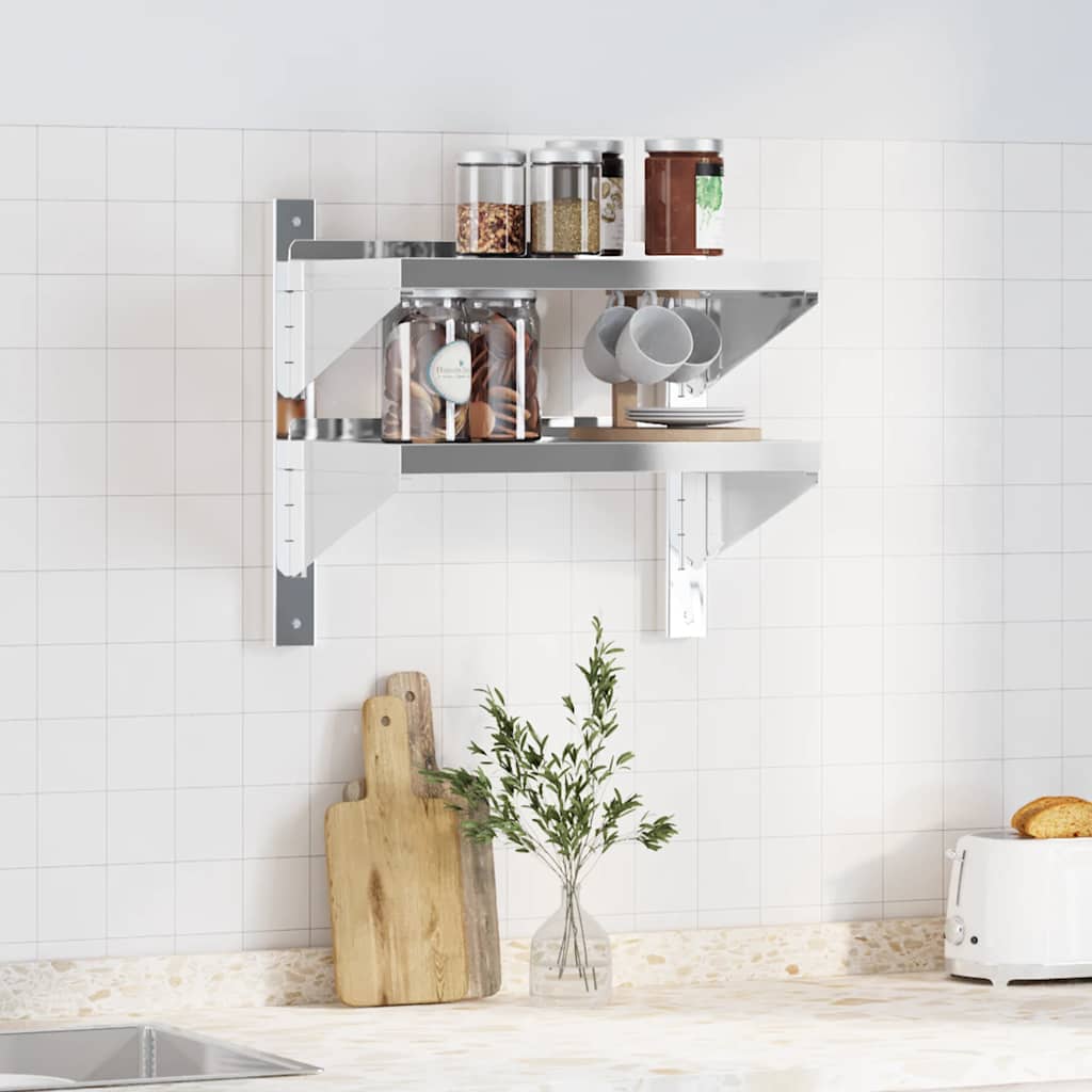 Mensola Muro 2 Ripiani 50x30x48 cm Argento Acciaio Inossidabile | homemem39
