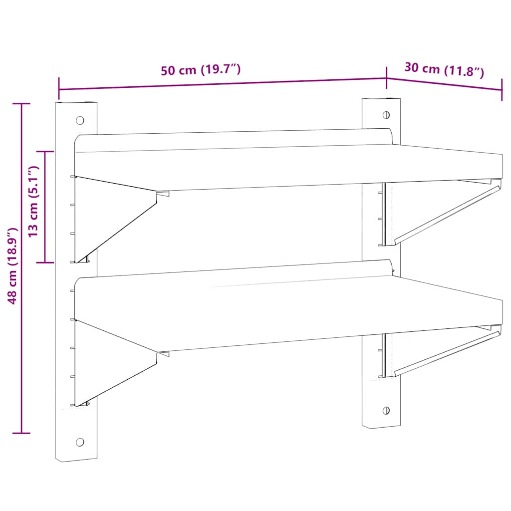 Mensola Muro 2 Ripiani 50x30x48 cm Argento Acciaio Inossidabile | homemem39