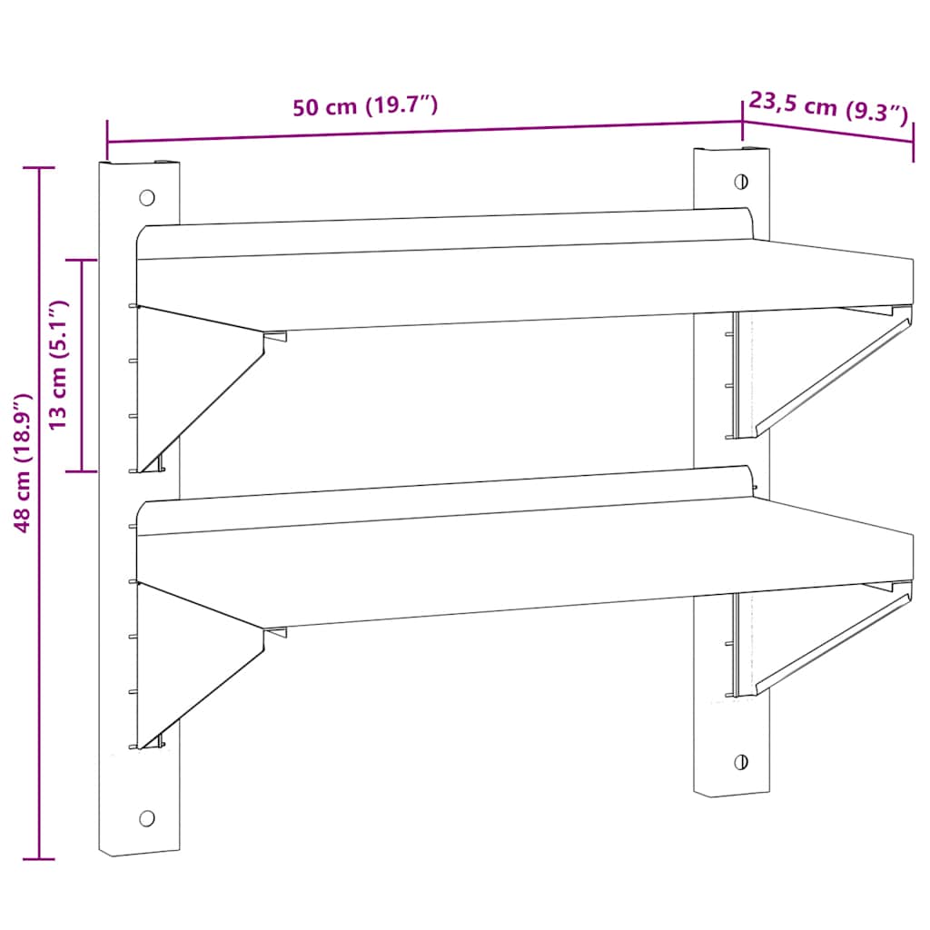 Mensola a Muro 2 Ripiani 50x23,5x48cm Argento in Acciaio Inox