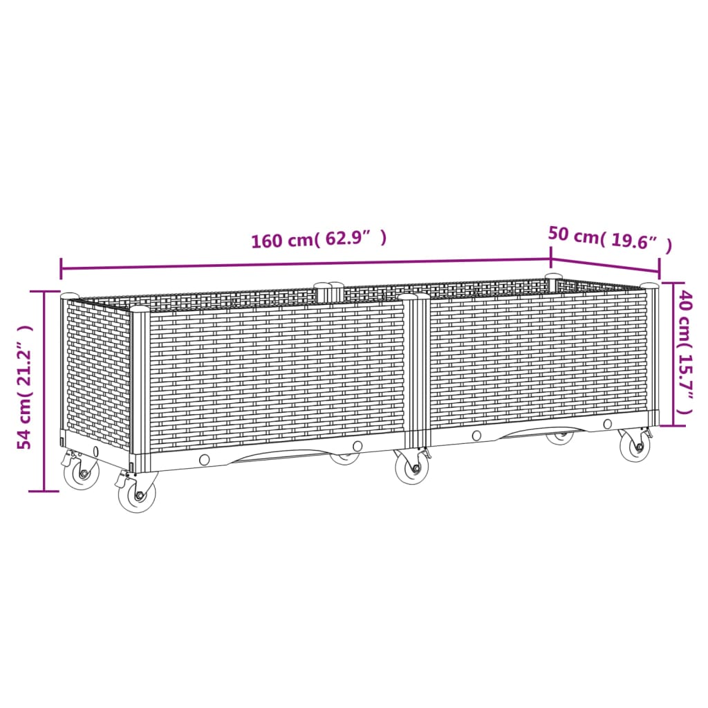 Black Garden Planter with Wheels 160x50x54 cm in PP