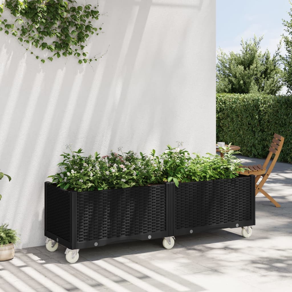 Black Garden Planter with Wheels 160x50x54 cm in PP