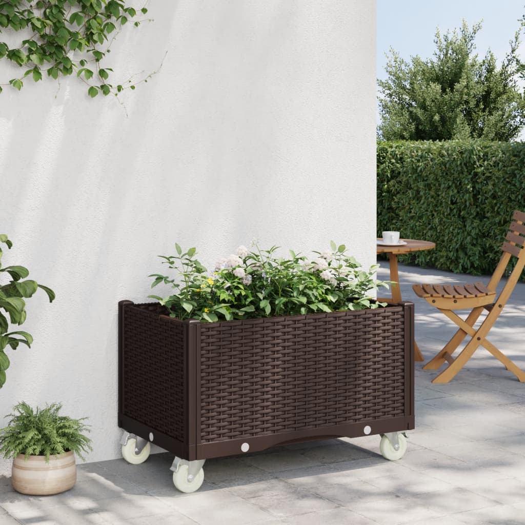 Fioriera da Giardino con Ruote Marrone 80x50x54 cm in PP