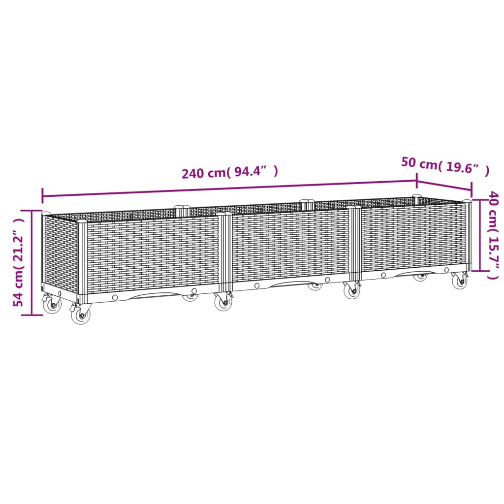 Garden Planter with Wheels Brown 240x50x54 cm in PP