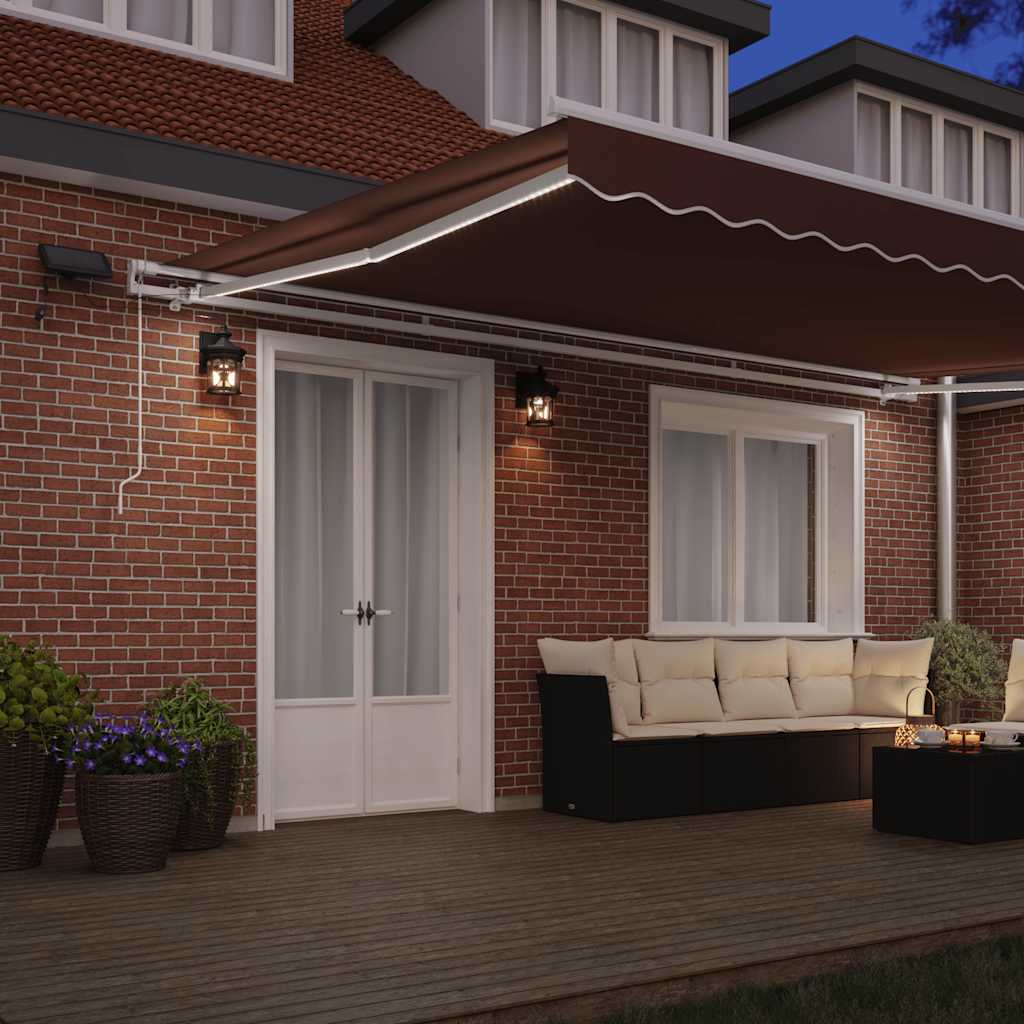 Tenda da Sole Retrattile Manuale con LED Marrone 500x300 cm