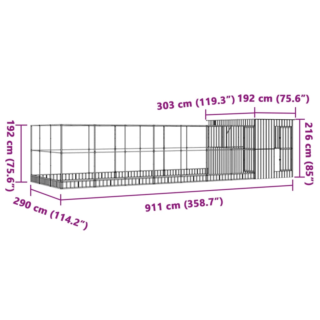 Voliera con Estensione Argento 911x303x216 cm in Acciaio