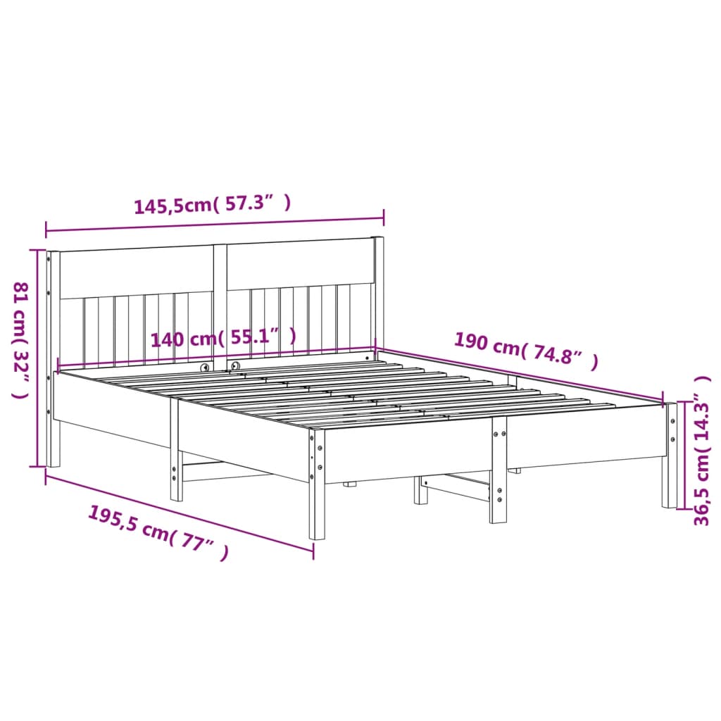 Letto senza Materasso Marrone Cera 140x190 cm in Legno di Pino | homemem39