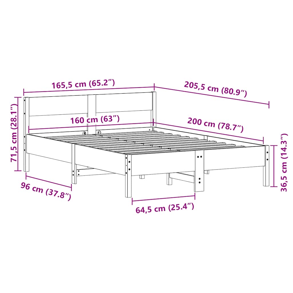 Letto senza Materasso Bianco 160x200 cm Legno Massello di Pino | homemem39