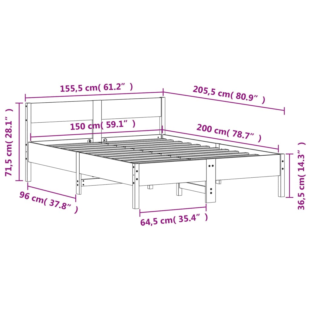 Letto senza Materasso 150x200 cm in Legno Massello di Pino | homemem39