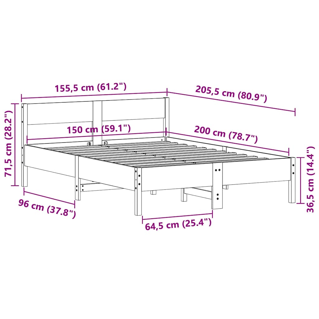 Letto senza Materasso Bianco 150x200 cm Legno Massello di Pino | homemem39