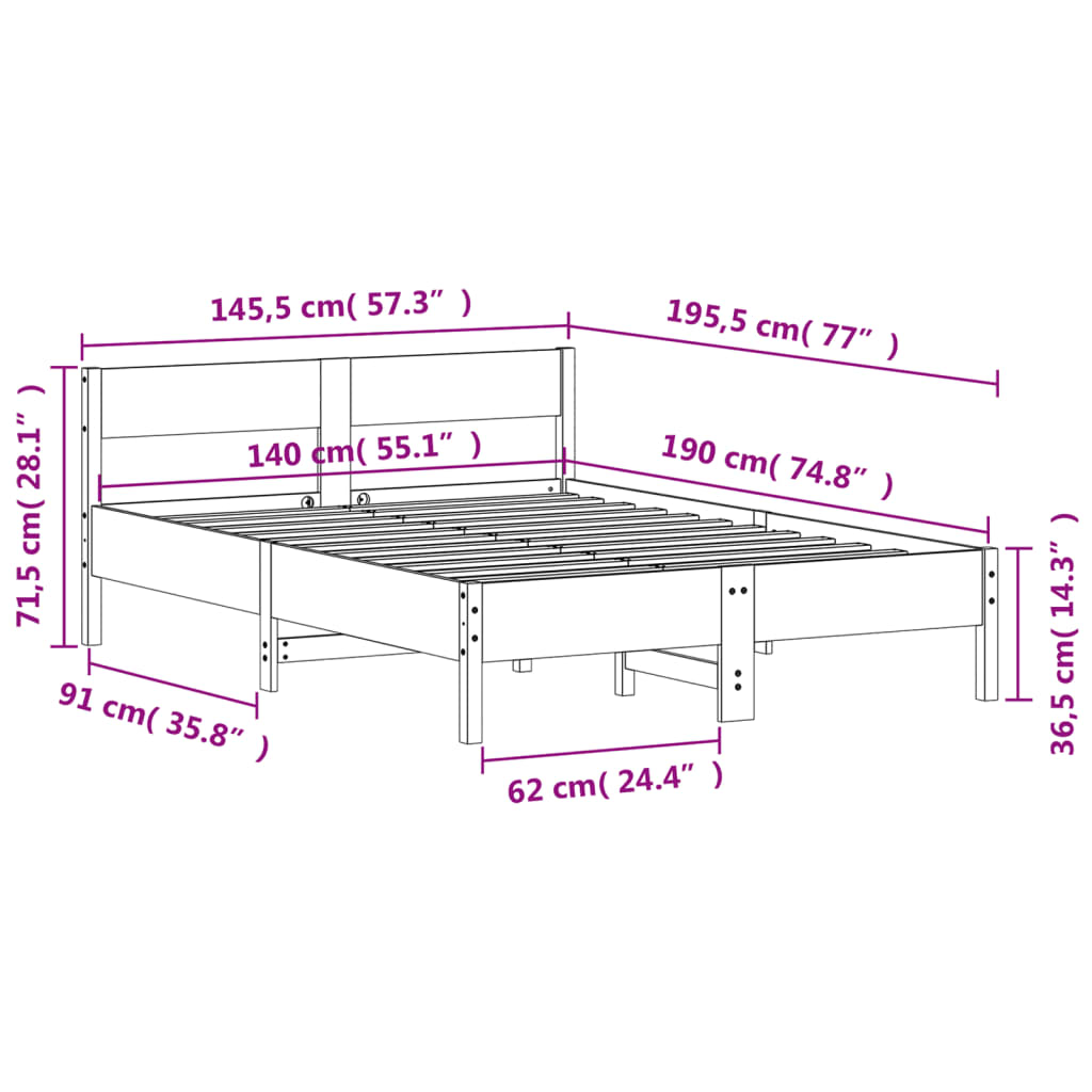 Letto senza Materasso Bianco 140x190 cm Legno Massello di Pino | homemem39