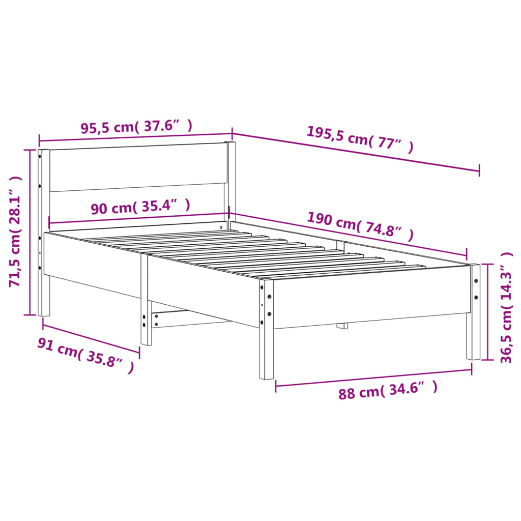 Letto senza Materasso Marrone Cera 90x190 cm in Legno di Pino | homemem39