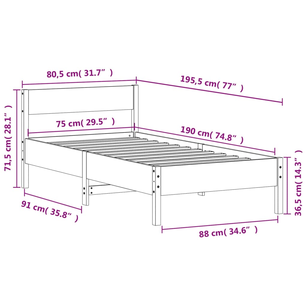 Letto senza Materasso 75x190 cm in Legno Massello Pino | homemem39