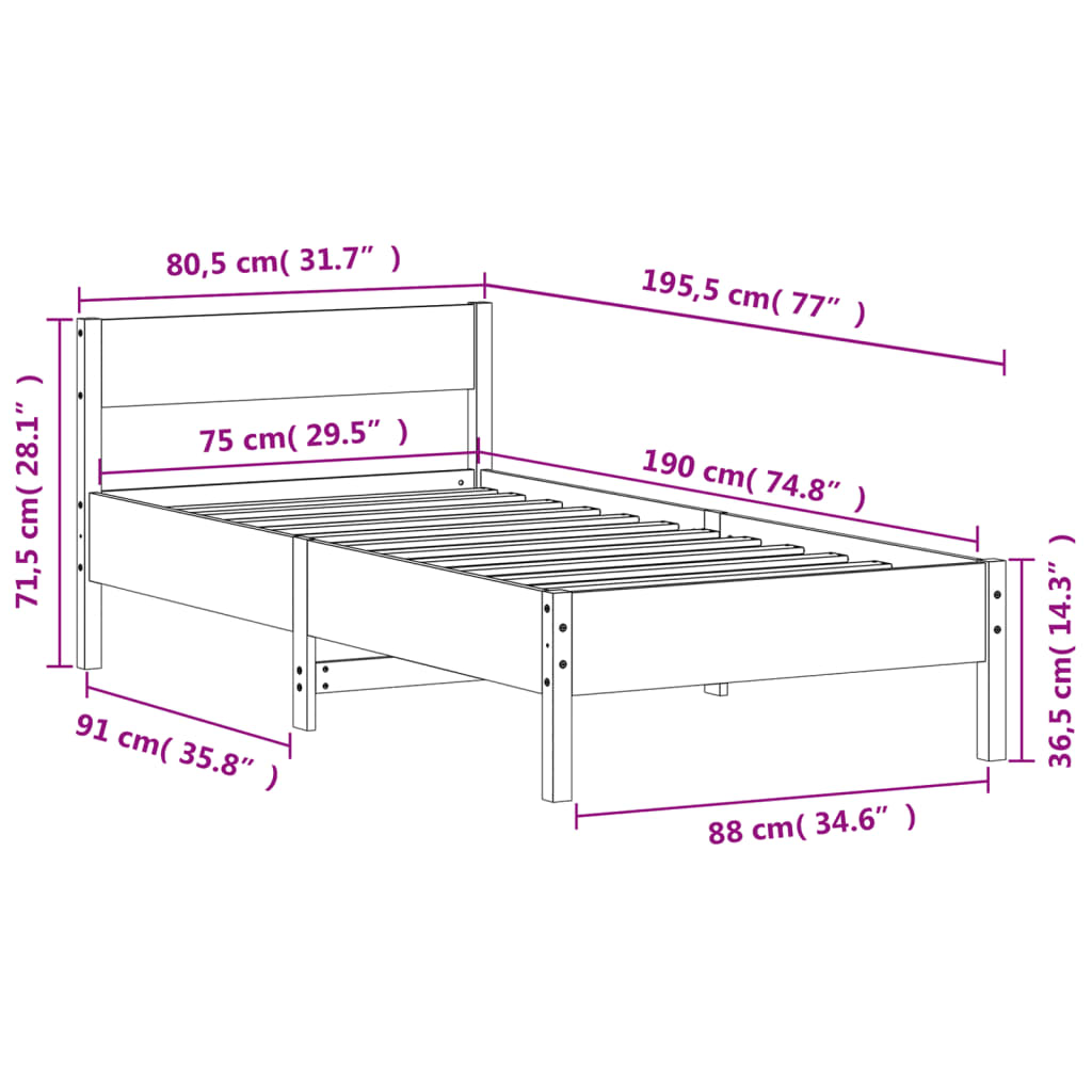 Letto senza Materasso Marrone Cera 75x190 cm in Legno di Pino | homemem39
