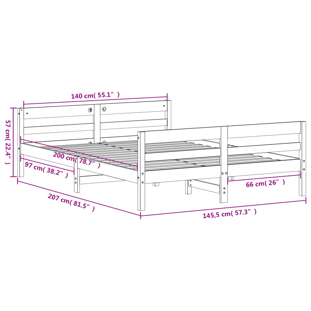 Letto senza Materasso 140x200 cm in Legno Massello di Pino | homemem39