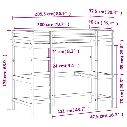 Letto Soppalco con Scrivania 90x200 cm Legno Massello Pino