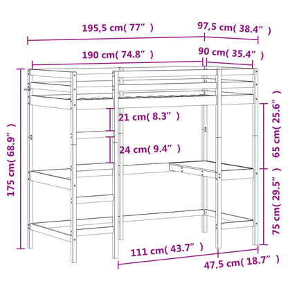 Letto Soppalco con Scrivania 90x190 cm Legno Massello Pino