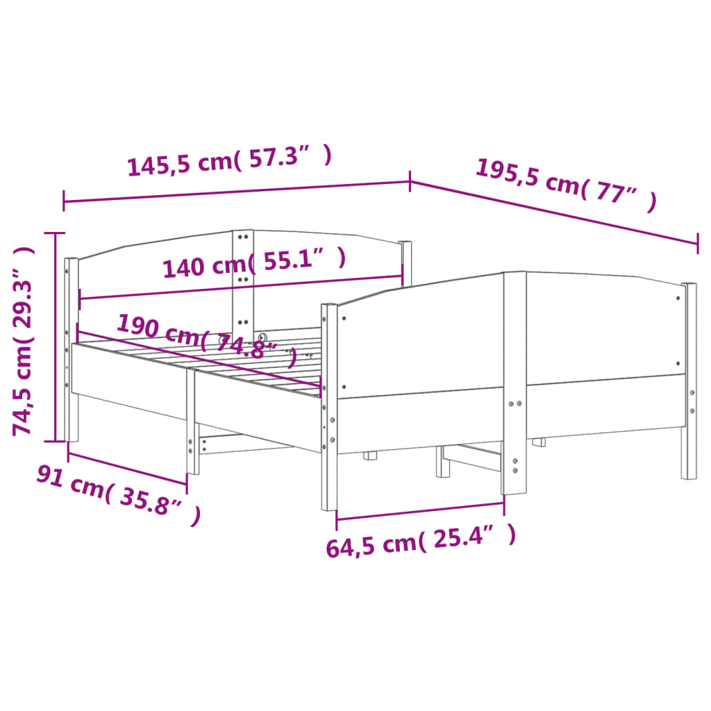 Letto senza Materasso Bianco 140x190 cm Legno Massello di Pino