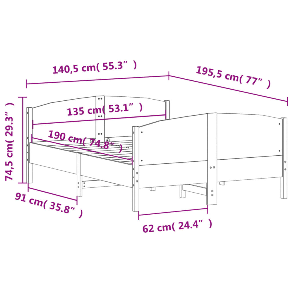 Letto senza Materasso 135x190 cm in Legno Massello di Pino